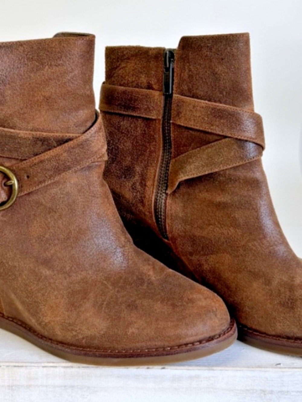 Johnston & Murphy Boots Womens 8M Casual Side Zip Wedge Ankle Bootie Brown